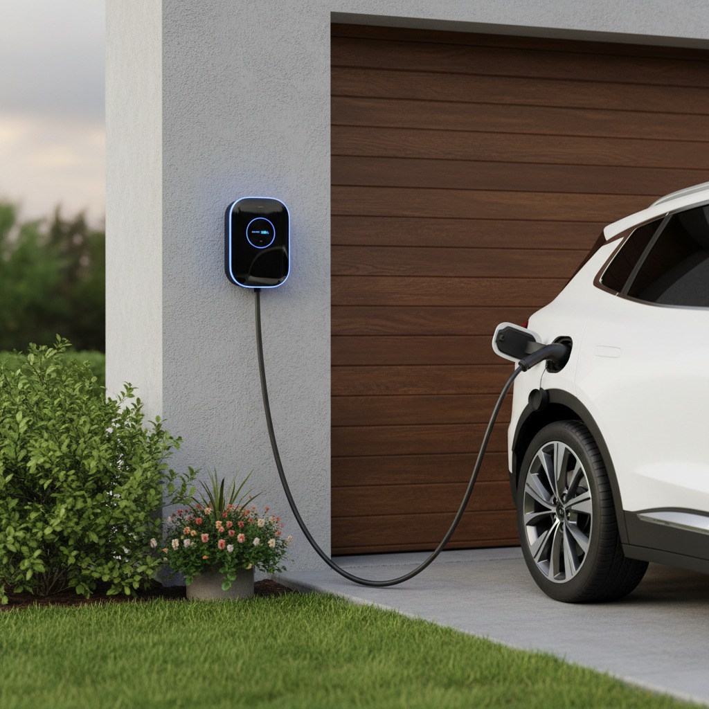 Borne de recharge murale installée au garage d’une maison, branchée à un véhicule électrique